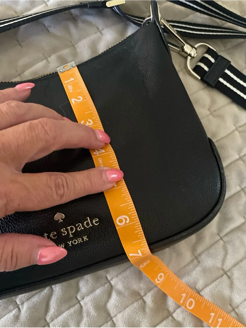 kate spade Black Pebbled Leather Crossbody with Striped Strap